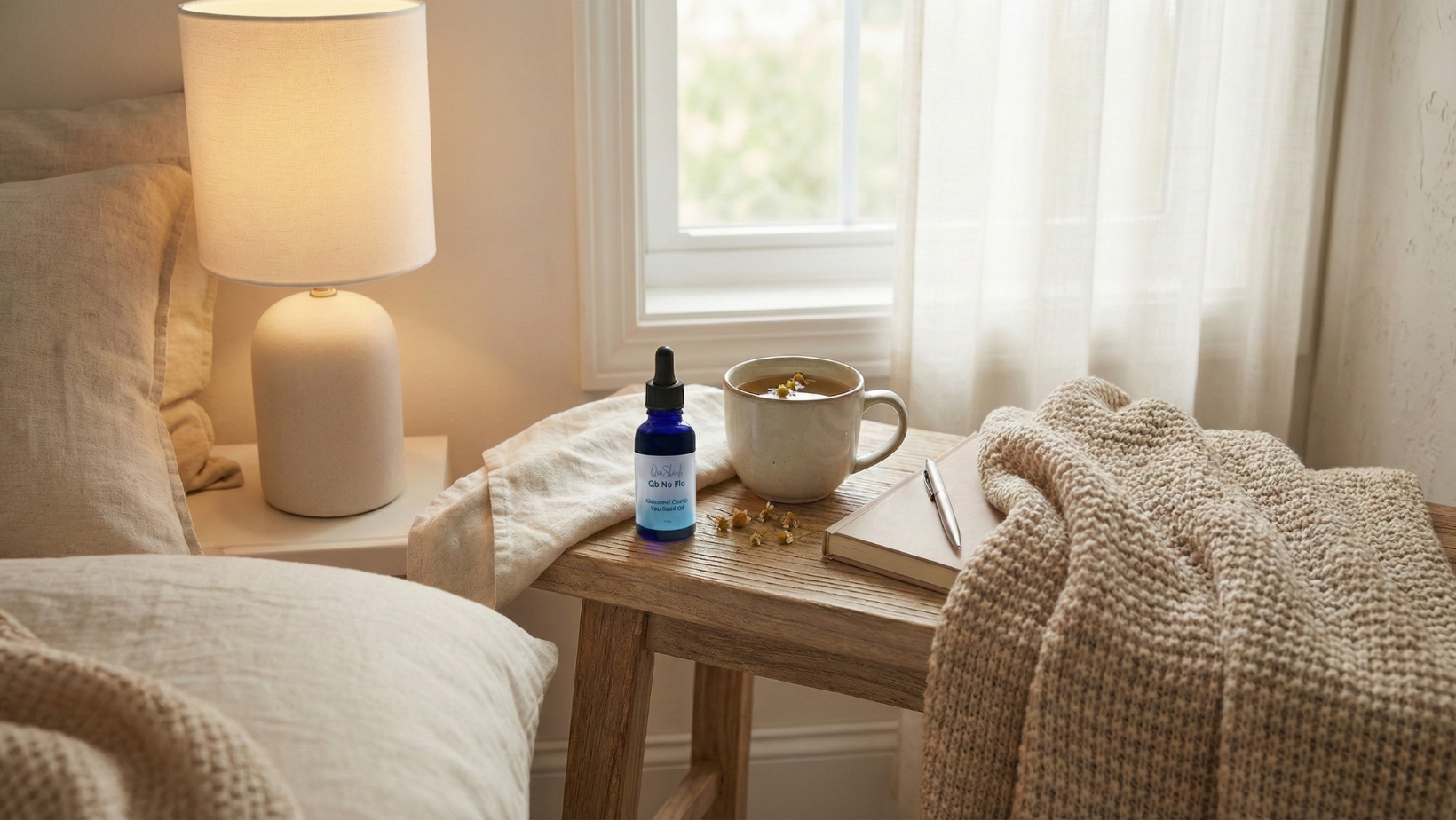 Calming self-care setup with herbal oil and tea to support period comfort