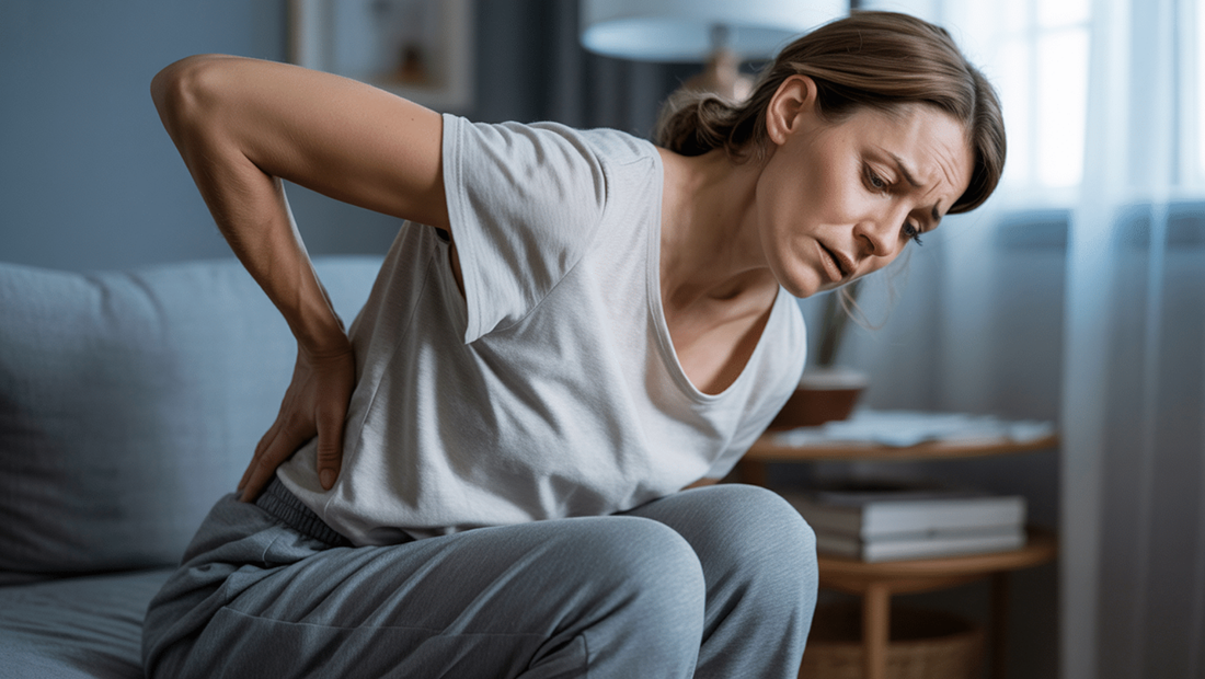 Woman experiencing lower back pain while sitting on a couch, a common symptom of menstrual cramps