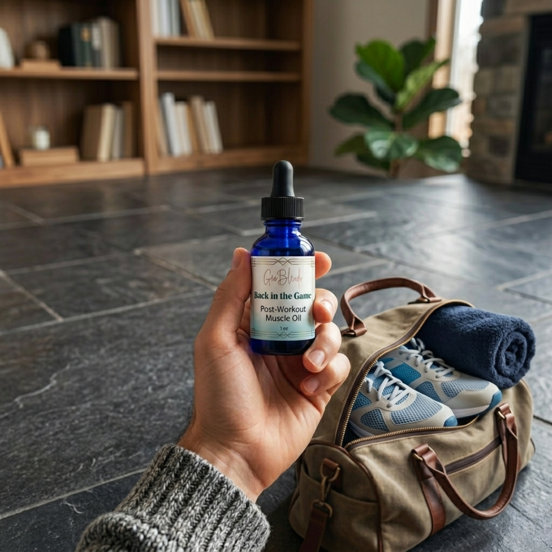 Hand holding a bottle of 'Back in the Game' post-workout muscle oil with a duffel bag and sneakers in the background.