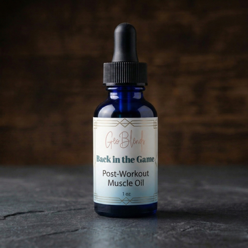 Bottle of 'Back in the Game' post-workout muscle oil with a dropper on a dark surface.