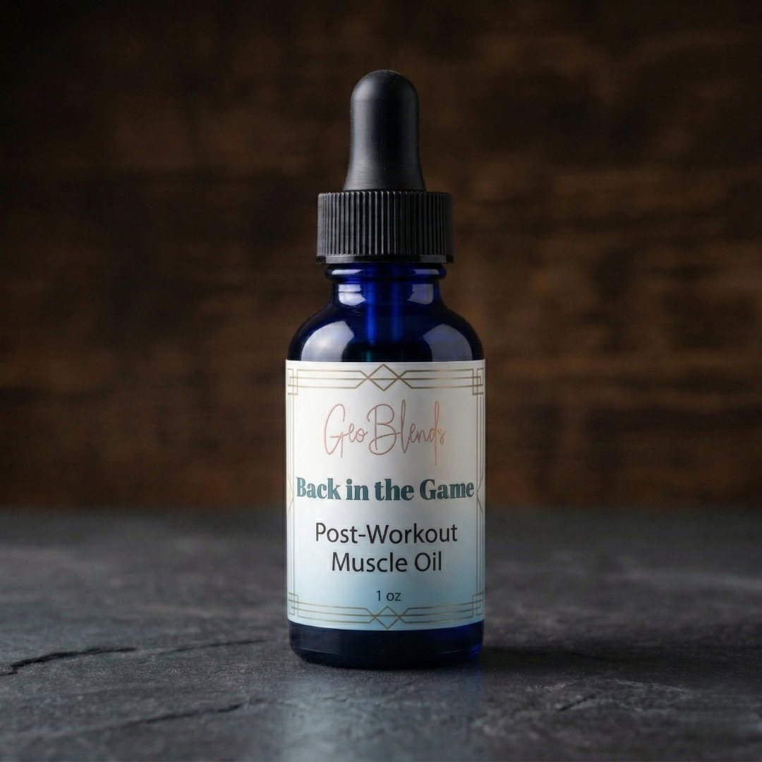 Bottle of 'Back in the Game' post-workout muscle oil with a dropper on a dark surface.