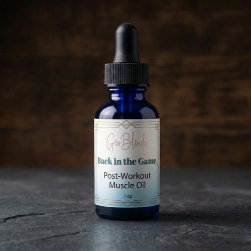 Bottle of 'Back in the Game' post-workout muscle oil with a dropper on a dark surface.