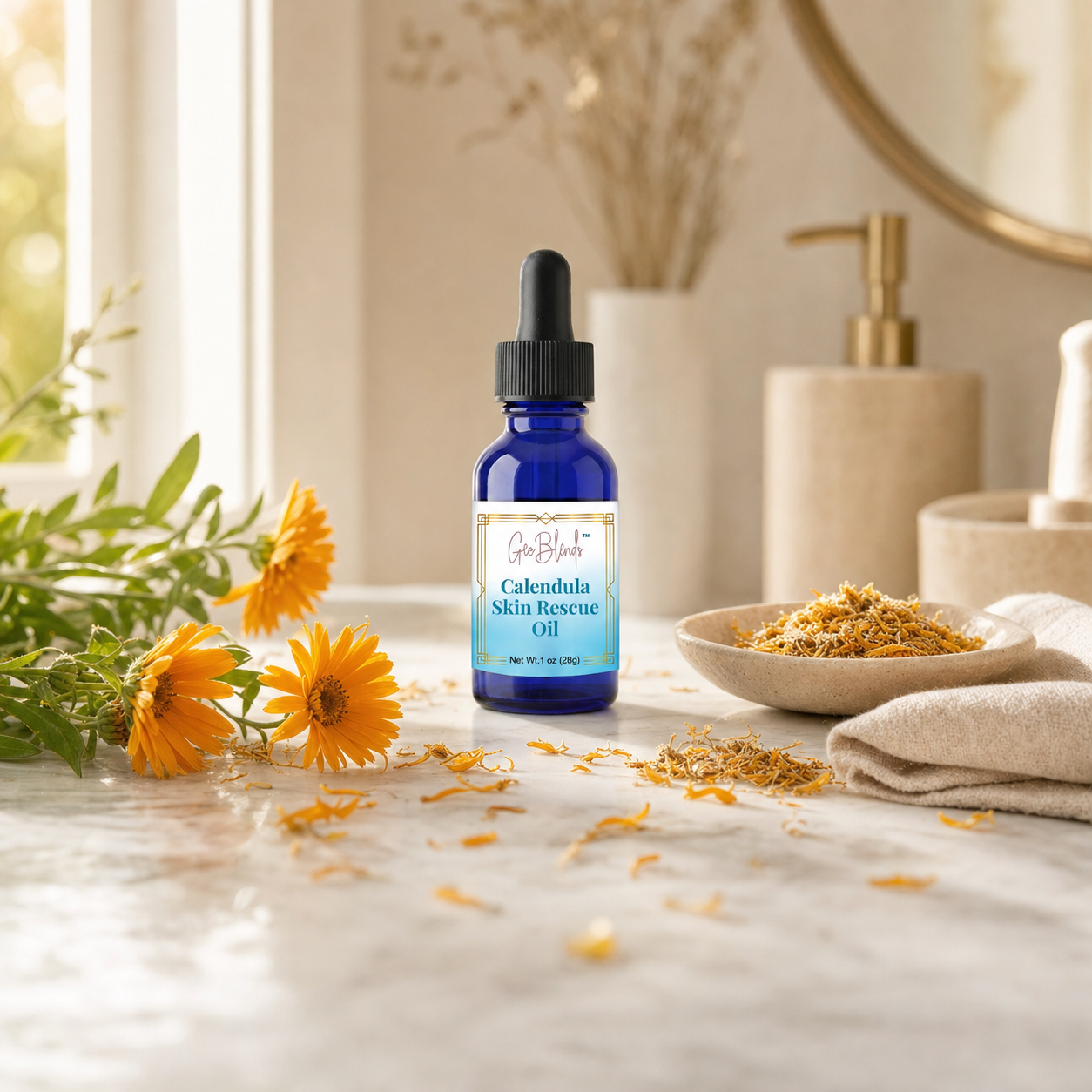 Bottle of Calendula Skin Rescue Oil on a bathroom counter with calendula flowers and a towel.