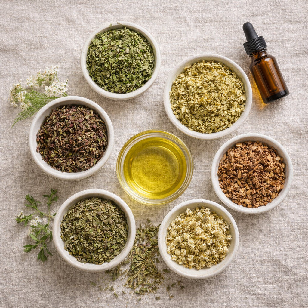 Flat lay of dried herbs used in Oh No Flo