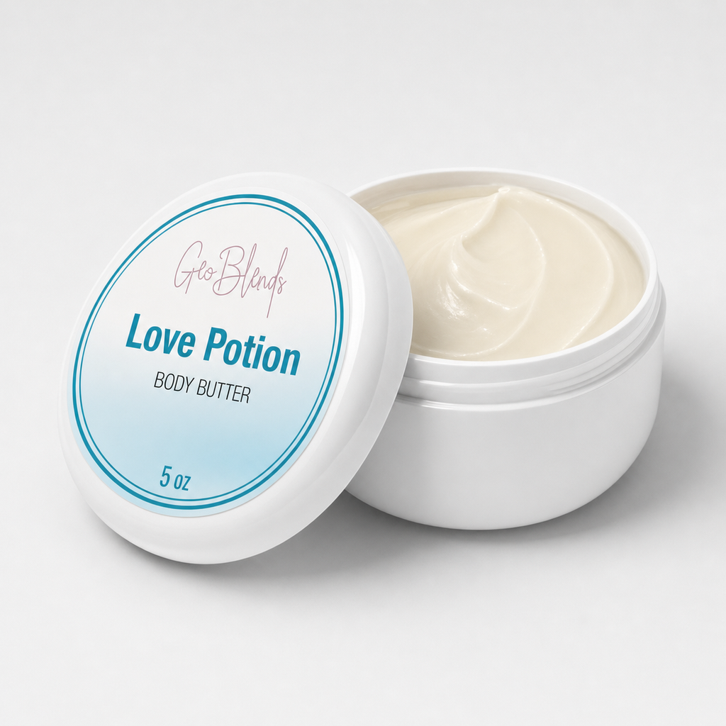 GeoBlends Love Potion Body Butter in the white double wall jar