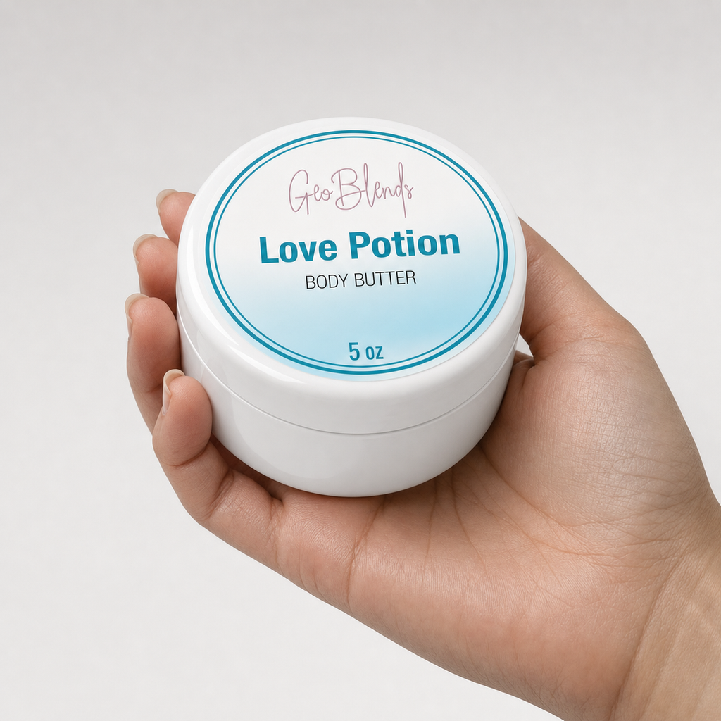 GeoBlends Love Potion Body Butter in hand showing it to the camera