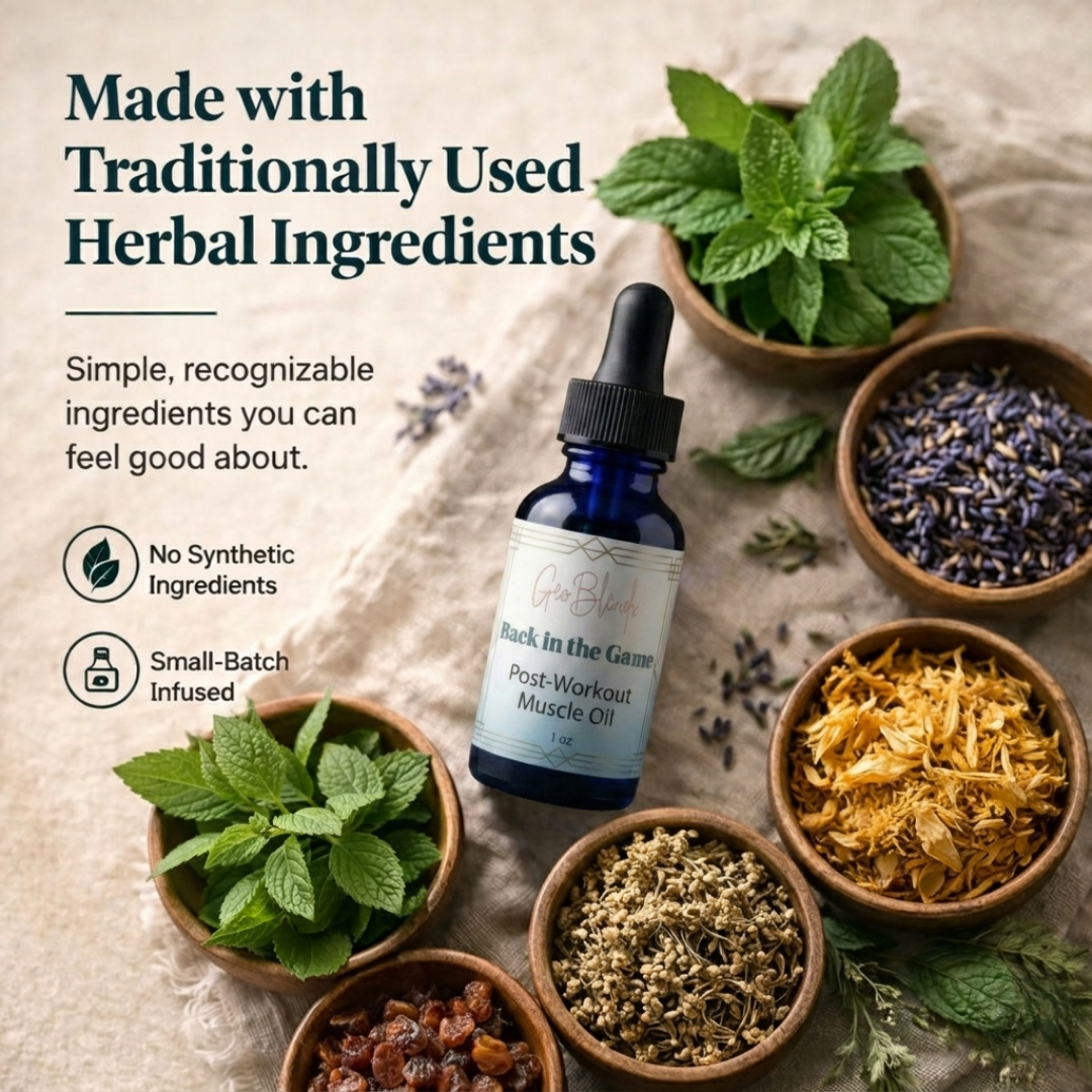 Bottle of 'Geblens Back in the Game' post-workout muscle oil with bowls of herbs on a textured surface.