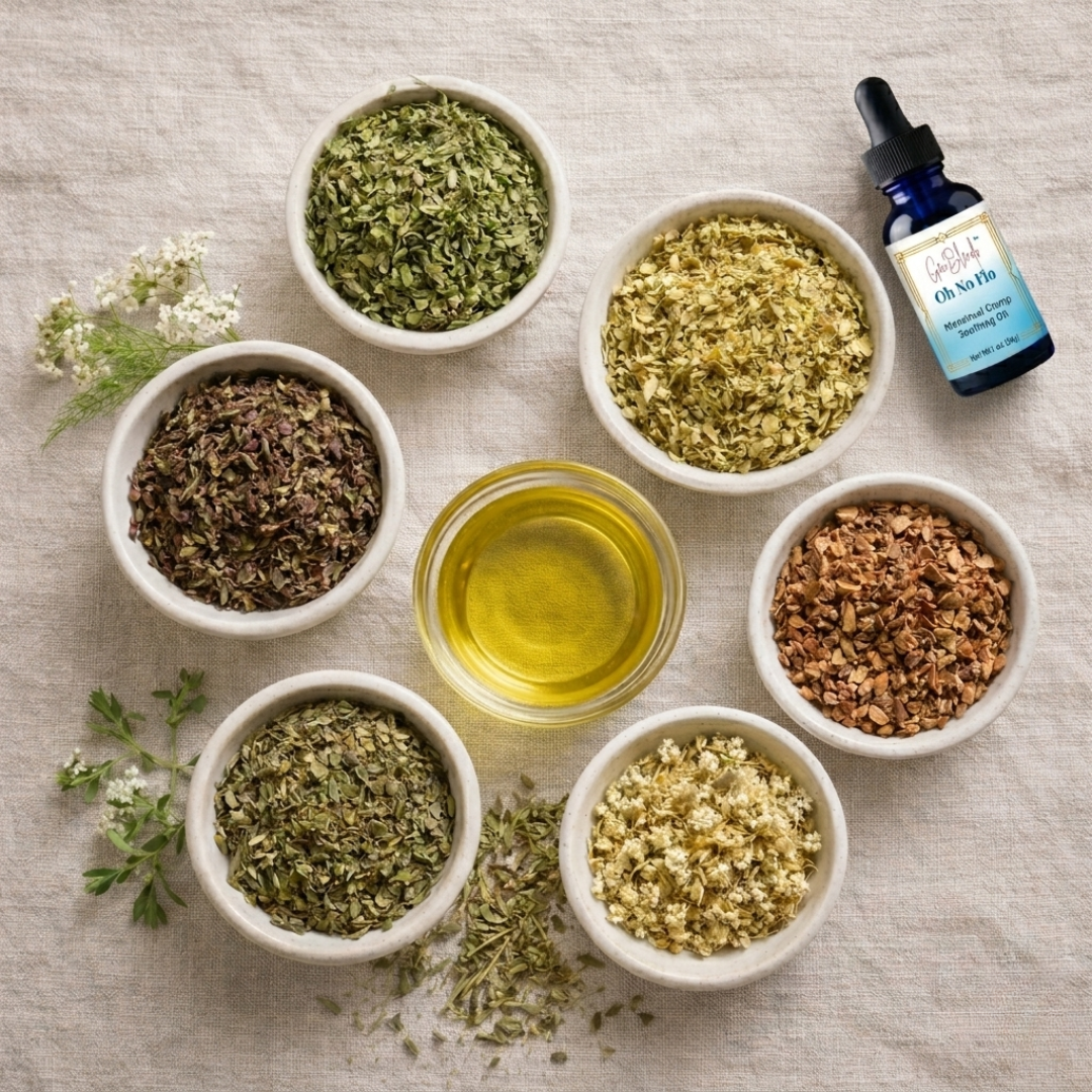 herbal ingredients in bowls used to make Oh No Flo Menstrucal Cramp Soothing Oil