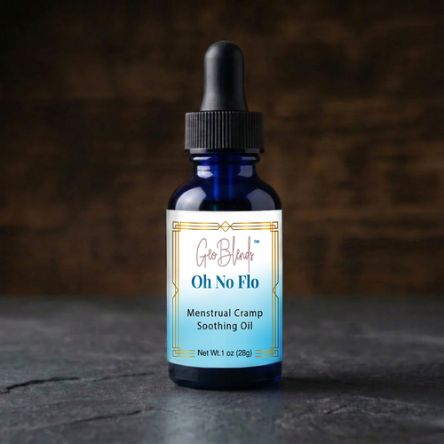 Bottle of 'Oh No Flo' Menstrual Cramp Soothing Oil with a dark background