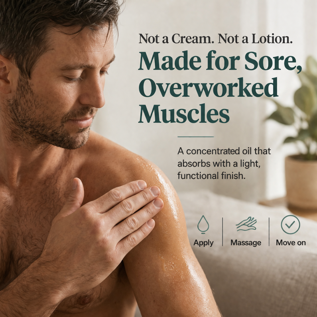GeoBlends Post Workout Muscle Oil with a man massaging the oil into his shoulder