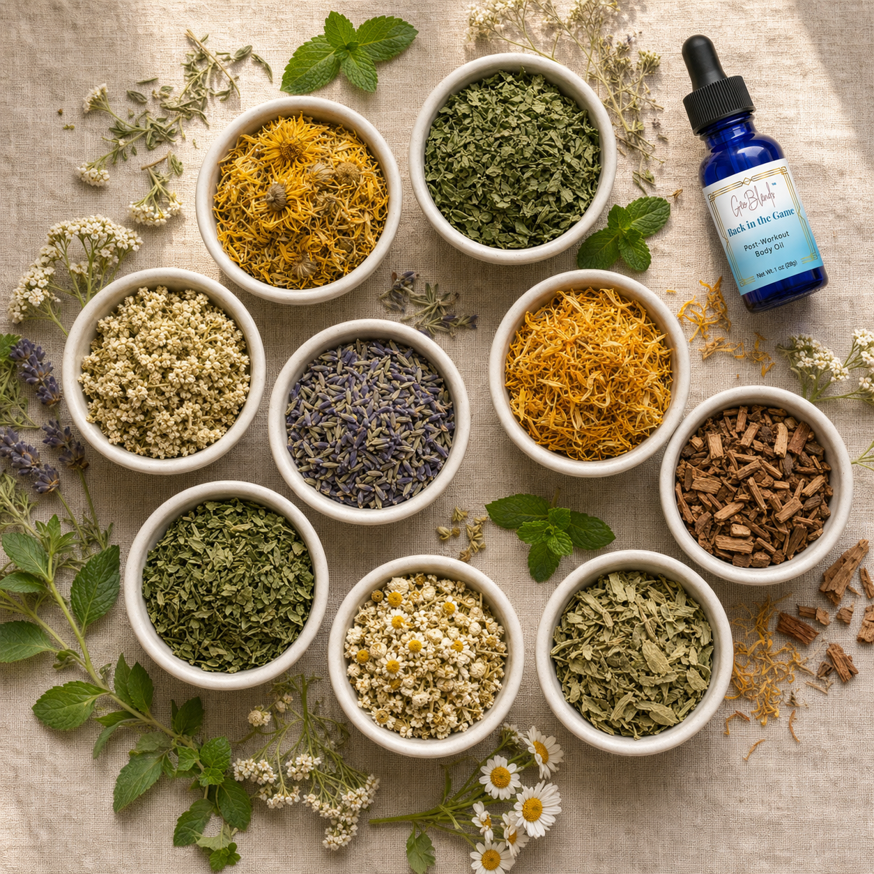 Herbal remedies with bowls of dried herbs and a bottle of Back in the Game