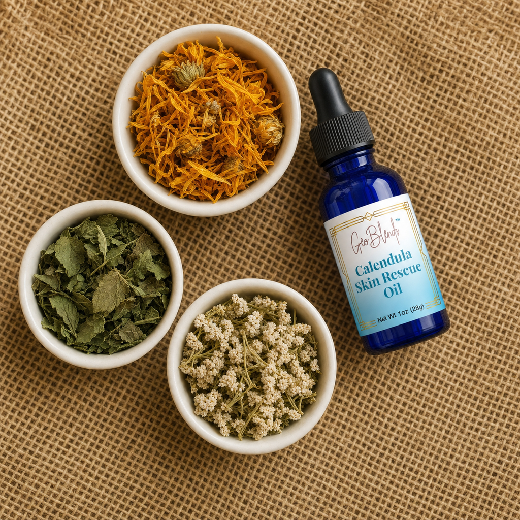Bottle of Calendula Skin Rescue Oil with bowls of dried herbs on a textured brown background