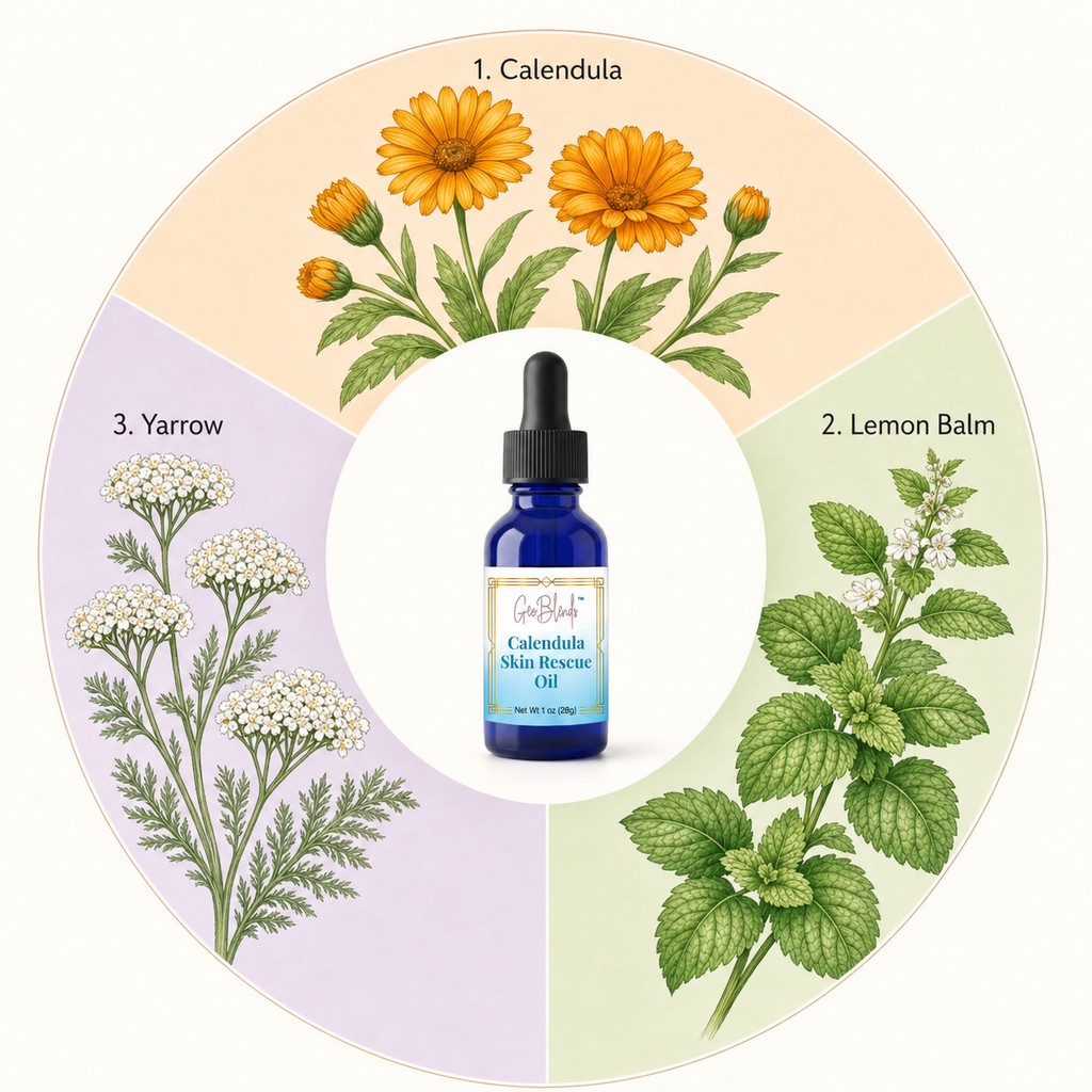 Herbal oil dropper bottle with calendula, yarrow, and lemon balm illustrations on a circular background.